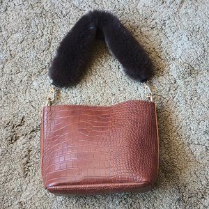 Faux Croc Embossed Purse with Faux Fur Rabbit Strap